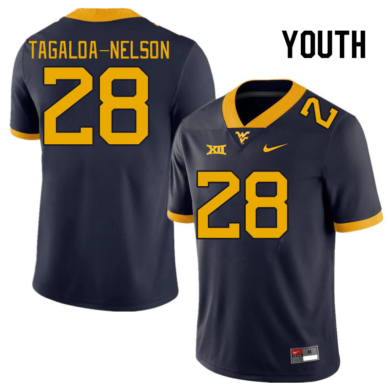 Youth #28 Aden Tagaloa-Nelson West Virginia Mountaineers College Football Jerseys Stitched Sale-Navy - Click Image to Close